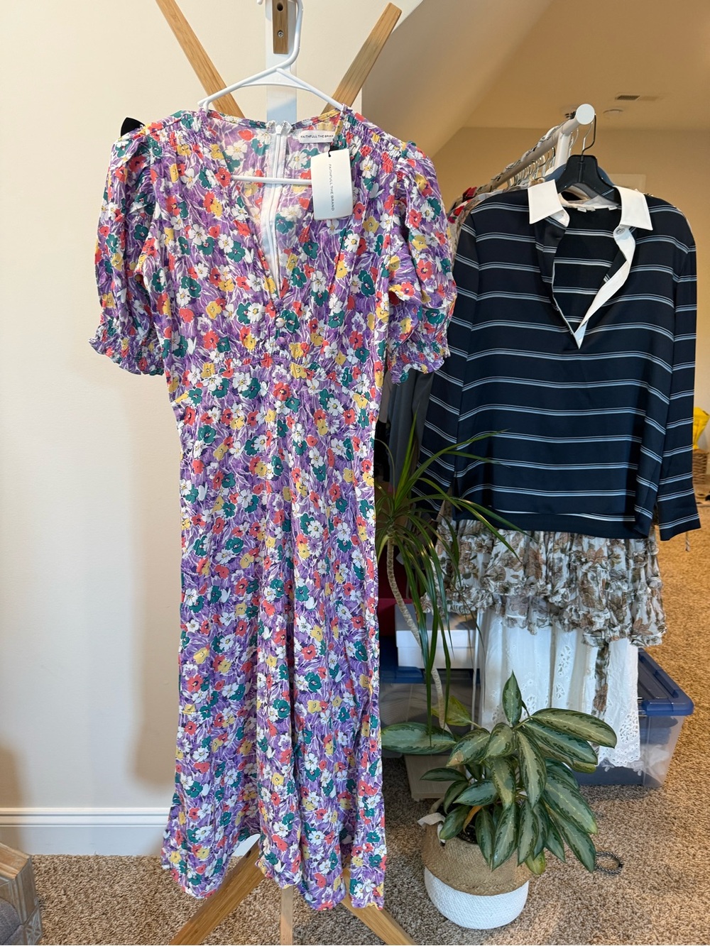 Faithfull the Brand Purple Floral Puff-Sleeve Midi Dress